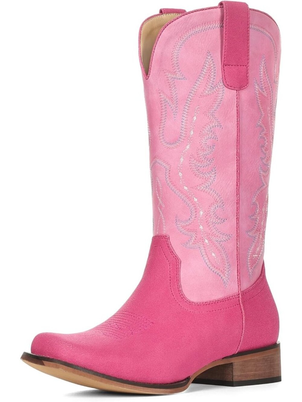 Women's Hot Pink Square Toe Mid Calf Cowgirl Boots Embroidered Chunky Heel Boot